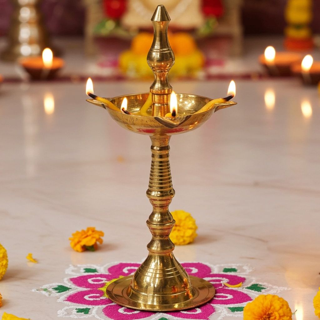 Brass Kerala Fancy Deepak, Oil Lamp No. 2  - Medium Brass Oil Lamp for Home, Height : 6.5 Inch (FMAS642 N)