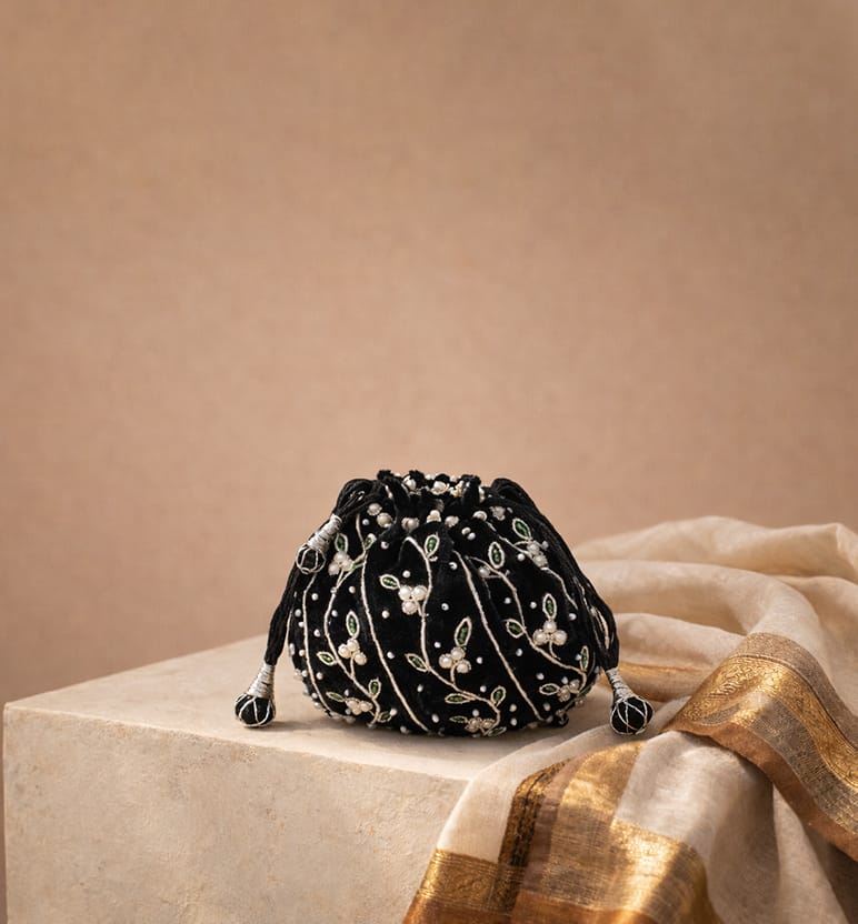Handcrafted Zari Zardozi Embroidered Velvet Potli Bag