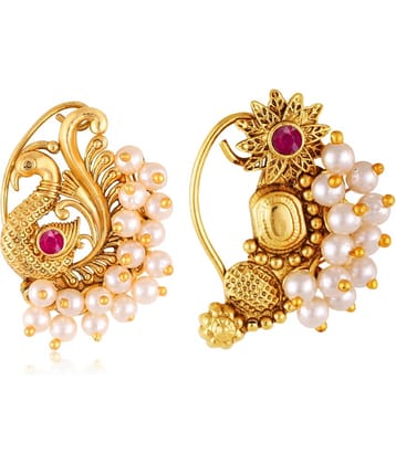Vivastri's Premium Gucchedar Maharashtrian/Peackock Styled Nosepin Combo Set Of 2 For Ladies-VIVA1134-1167NTH-Press-Red