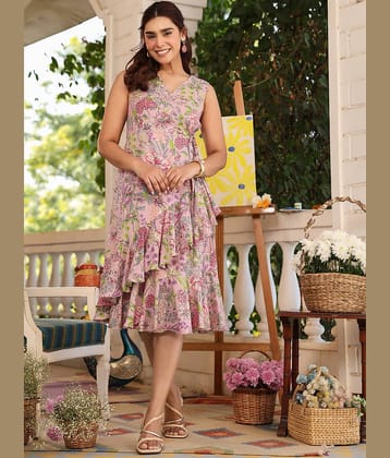 Janasya Women Cotton Printed Fit & Flare Dress ( Pink )