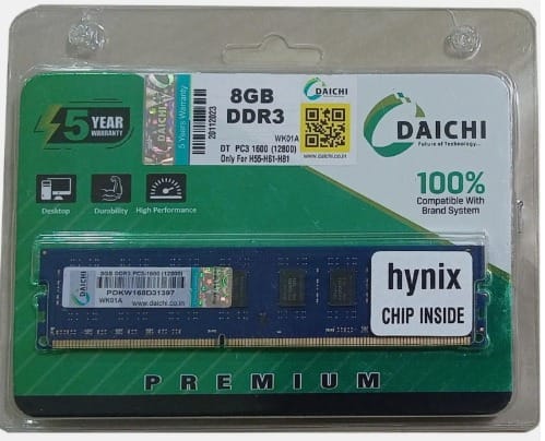 DAICHI 8GB DDR3 DUAL CHANNEL PC3 1600 MHz ( PC-12800) Memory Ram For Desktop Pc Computer Or Pc for H55. H61, H81 motherboards with 5 Years Warranty