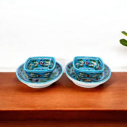 Floral Round Plate & Square Bowl Set  Handcrafted Jaipur Blue Pottery for Modern Dining