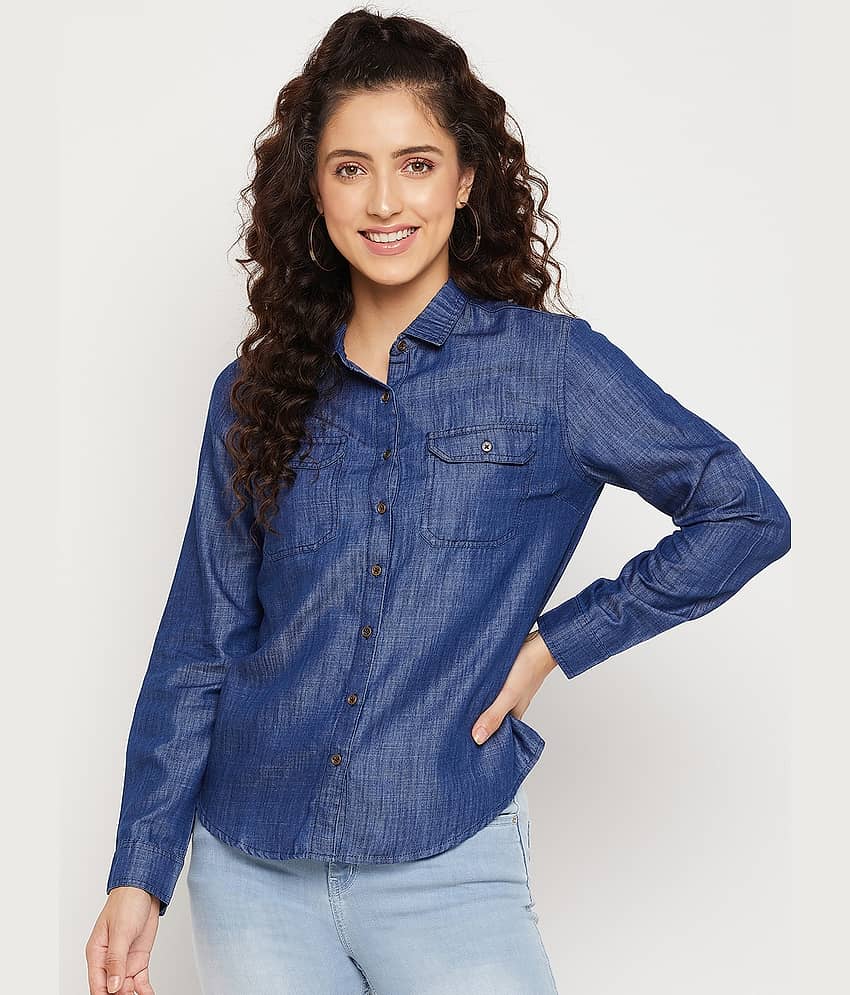 AUSTIN WOOD Women Solid Denim Shirt ( Navy Blue )