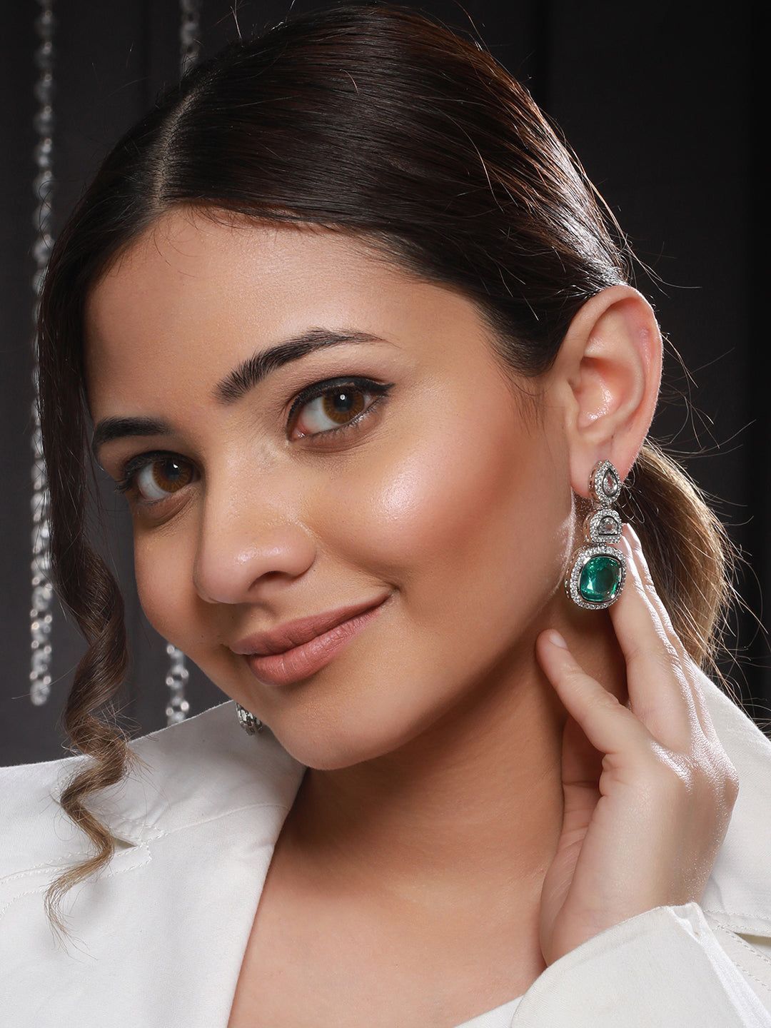 Silver Plated Green AD embellished Statement Dangler Earrings