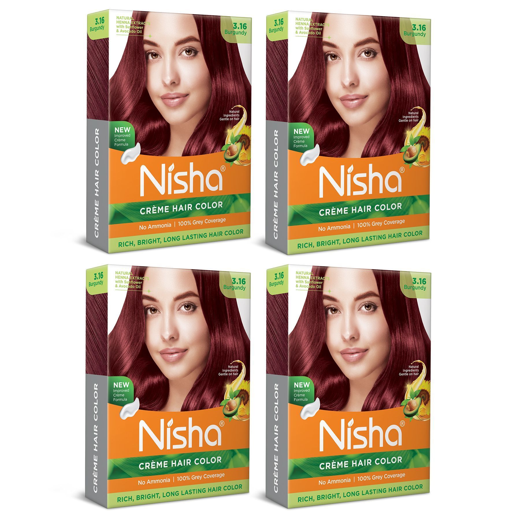 Nisha Creme Hair Color Burgundy 40gm Pack of 4, Permanent Hair Color for Women Men, No Ammonia, 100% Grey Coverage