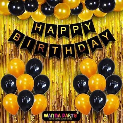 Happy Birthday Banner Decoration Kit including Birthday Banner, Foil Curtain and Black & Golden Balloons- Set of 34Pcs Happy Birthday Banner Decoration Kit including Birthday Banner, Foil Curtain and Black & Golden Balloons- Set of 34Pcs