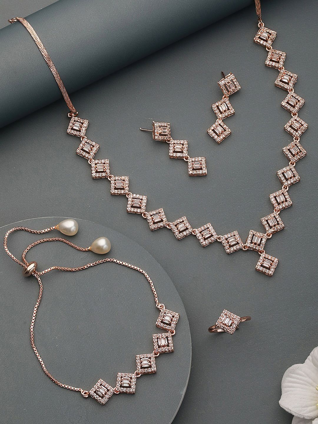 Rose Gold Plated AD Studded Square Shaped Jewellery Set Combo Ring & Bracelet