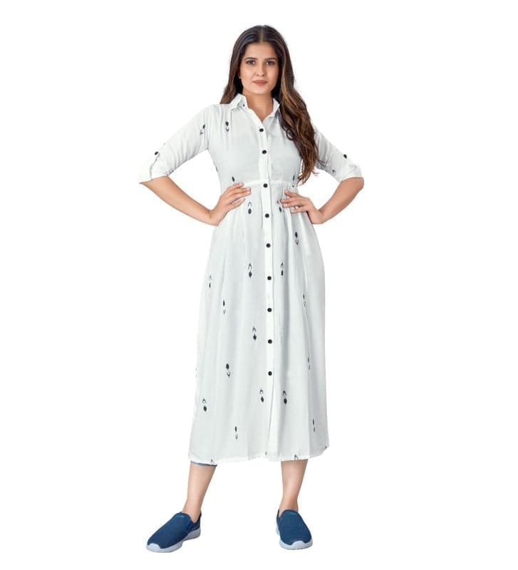 Women's Casual 3/4th Sleeve Printed Rayon Kurti (White, L)-PID46181