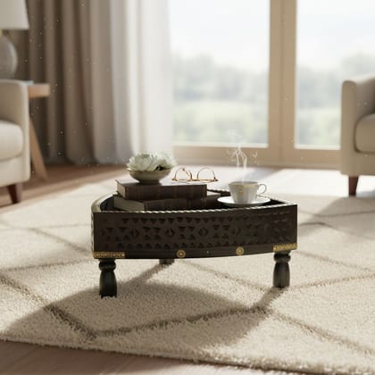 BAANMATA INTERNATIONAL Triangular Handicraft Coffee-Table Cum Fruits-Bowl,Wooden Carved Chapati-Bowl Cum Lamp-Table,Multipurpose Showpiece Chakki-Table for Office/Home