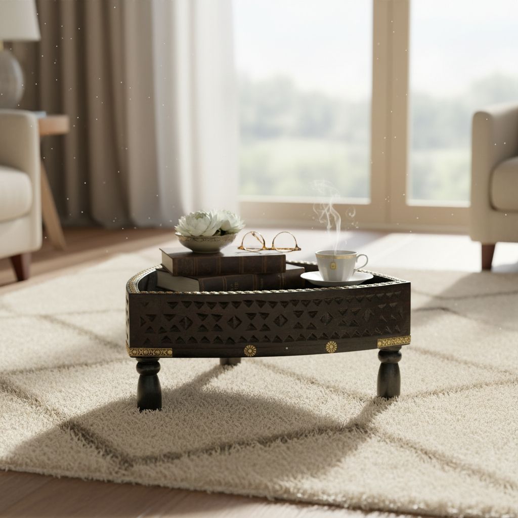 BAANMATA INTERNATIONAL Triangular Handicraft Coffee-Table Cum Fruits-Bowl,Wooden Carved Chapati-Bowl Cum Lamp-Table,Multipurpose Showpiece Chakki-Table for Office/Home