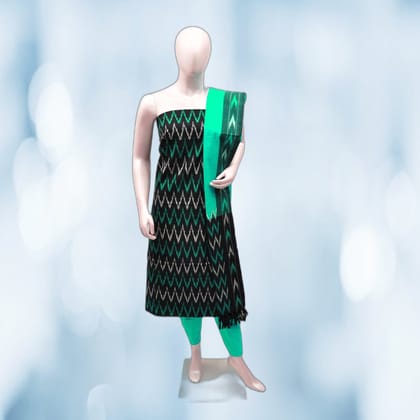 Black and Green Ikat Pattern Unstitched Dress Material | Traditional Ethnic Motif | Festive Wear