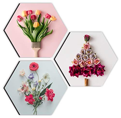 SAF paintings Preety Flower and Leaf in Cone Pot 3 Pieces UV Textured Multi-Effect Self adheshive Painting 17 Inch