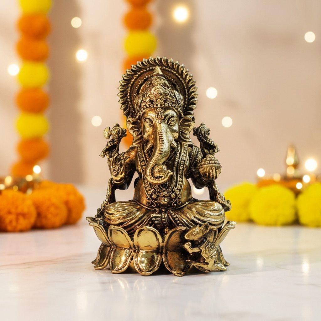 Brass Ganesh Ji Murti – Premium Brass Lord Ganesha Home Decor, Height : 4 Inch (BSMAS1827 G)
