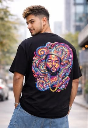 Hue Nox Men's Black Rapper 1 Graphic Oversized T-Shirt