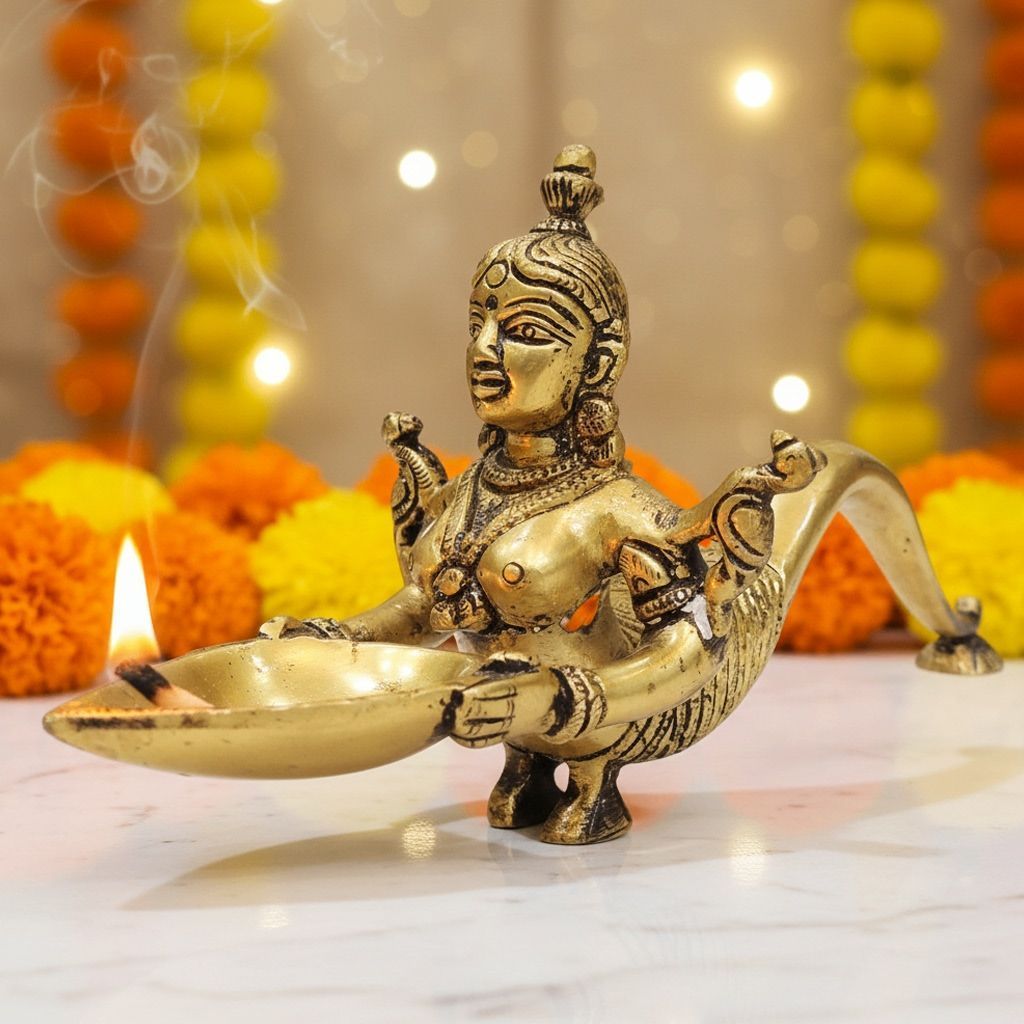 Brass Snake Lady Deepak Idol | Designer Diya Home Decor, Height : 4.5 Inch (BSMAS1357 C)