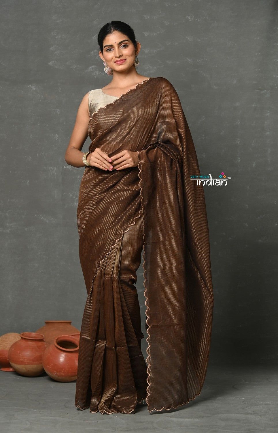 Tyohaar ~ Mul Cotton Zari Design Handloom Woven Saree - Brown