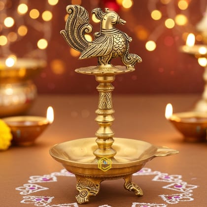 Brass Bird Oil Diya Stand Small Size  - Compact Oil Lamp for Temple Use, Height : 12 Inch (BSMAS1207 A)