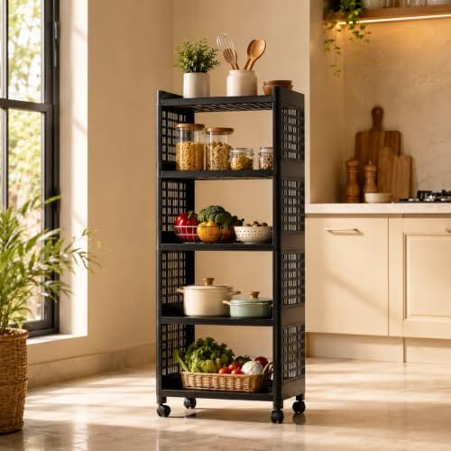 5 Layer Plastic Kitchen Storage Trolley Rack with Wheels, Multipurpose Storage Organizer Racks, Vegetable