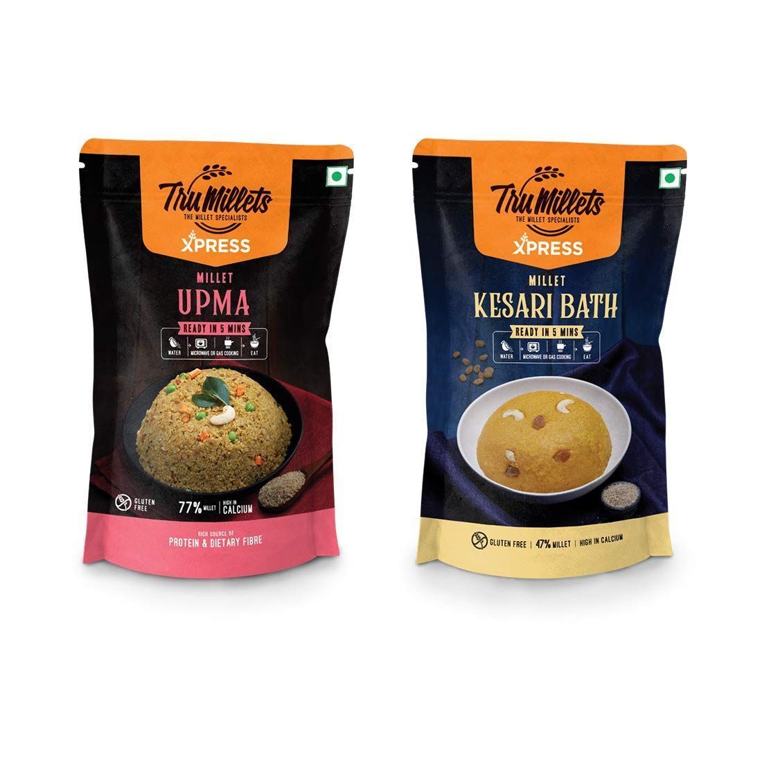 Trumillets Xpress Healthy Millet Instant Mix Breakfast Combo Pack of 2 (Kesaribath & Upma) - Each 180 gm