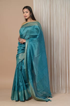 Exclusive Pure Moonga Tussar Silk Saree With Beautiful Border ~ Teal Green