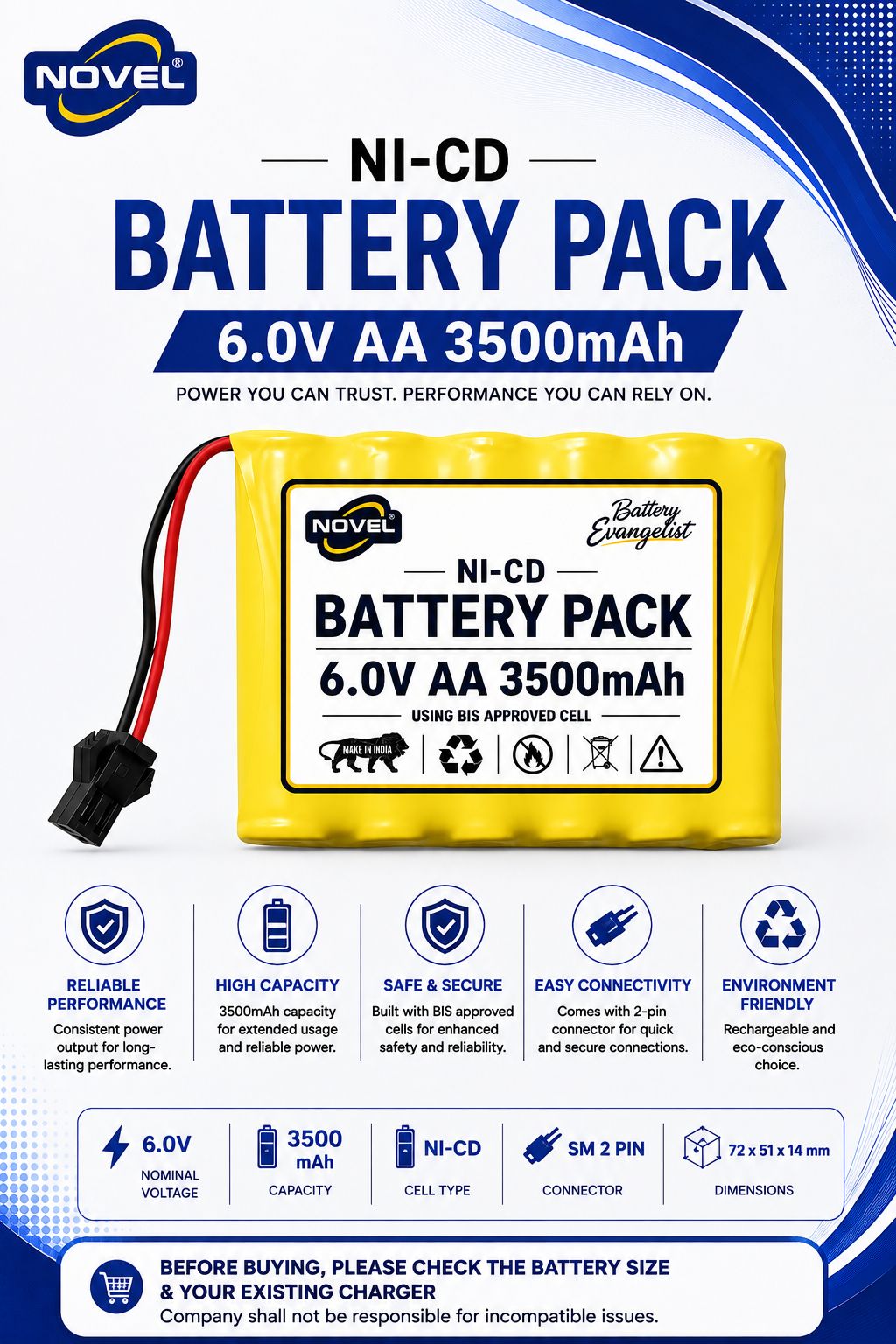 NOVEL 6.0V AA 3500mAh NI-CD Rechargeable Battery SM PIN