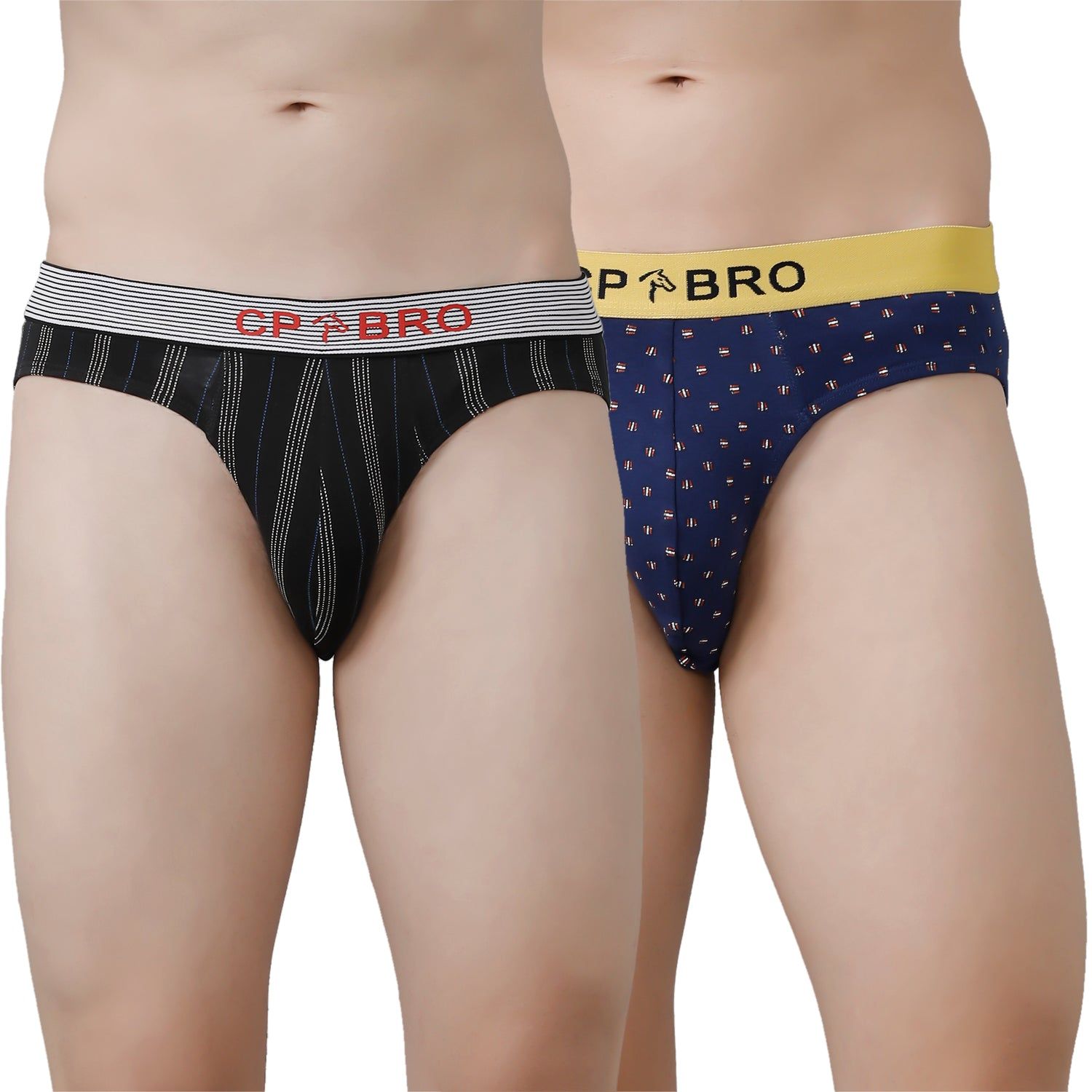 CP BRO Men's Printed Briefs with Exposed Waistband Value Pack - Black Stripe & Navy (Pack of 2)