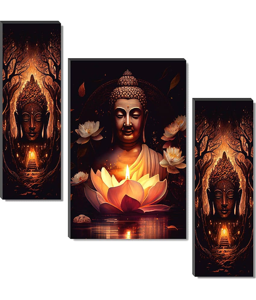 SAF Set of 3 Glowing Buddha with Lotus Lamp Wall Painting | Enlightenment Art with Temple & Floral Aura