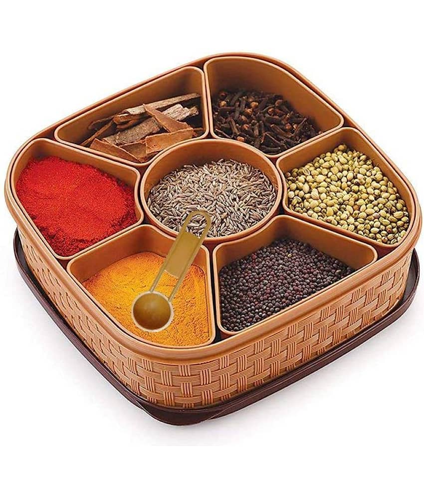 Masala Rangoli Box Dabba for Keeping Spices, Spice Box for Kitchen, Plastic Wooden Style Masala Box, Masala Container, Masala Dabba