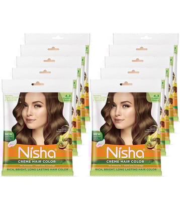 Nisha Creme Hair Color Golden Brown 40g Pack of 10, Permanent Hair Color for Women Men, No Ammonia, 100% Grey Coverage