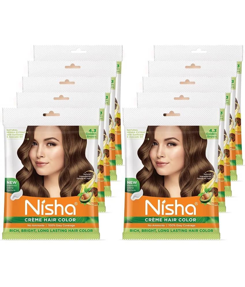Nisha Creme Hair Color Golden Brown 40g Pack of 10, Permanent Hair Color for Women Men, No Ammonia, 100% Grey Coverage
