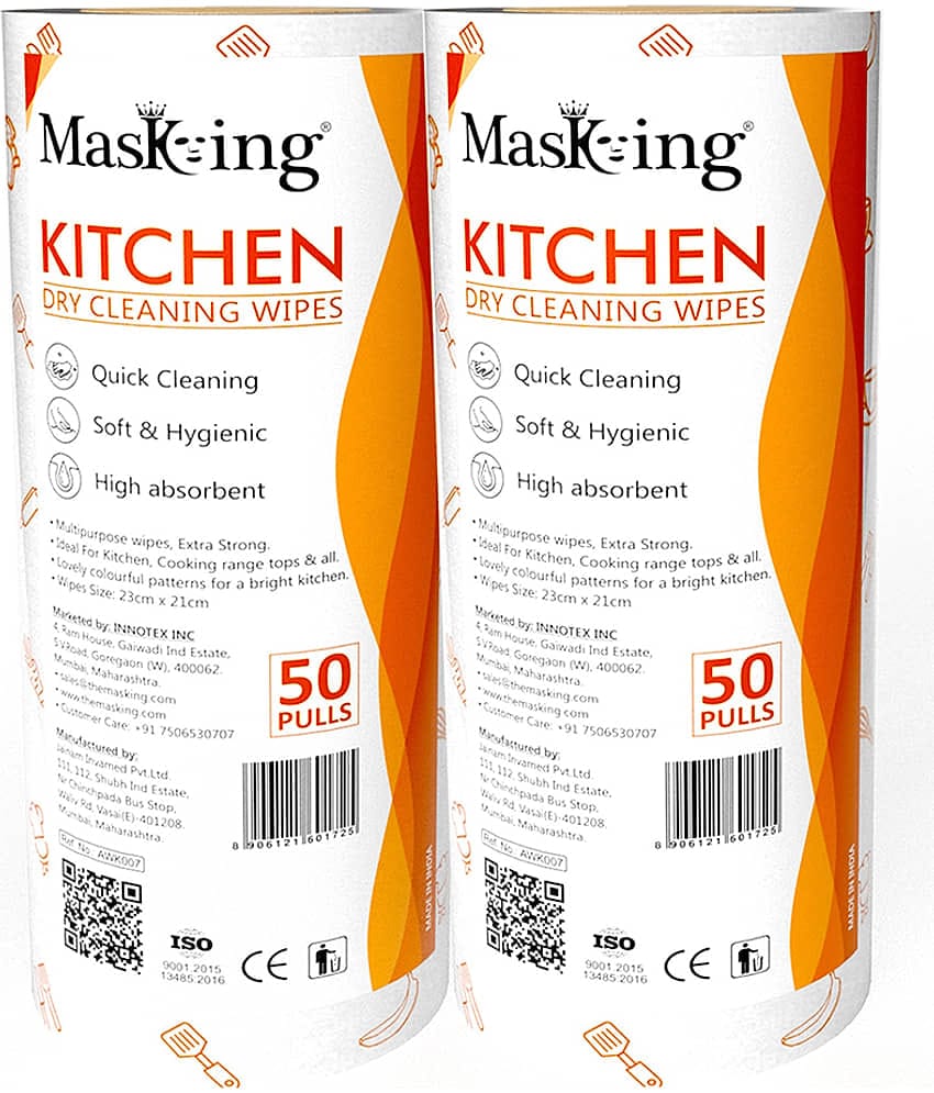 Masking Non-Woven Reusable & Washable Multi Surface Cleaner Wipes Kitchen Dry Roll 23x21cm, 160 Pulls Green 358 g Pack of 2