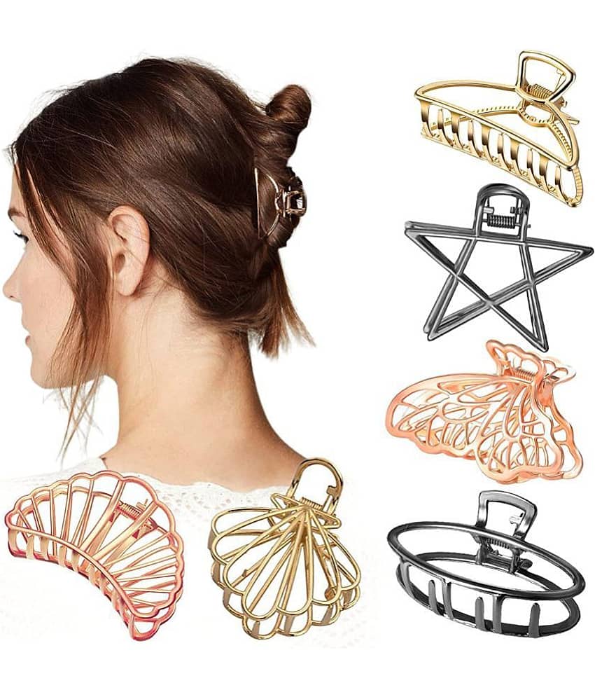 FOK Pack Of 6 Medium Metal Hollow Non Slip Hair Clutchers Clamp Claw Clips for Women & Girls (Random Design, Color)