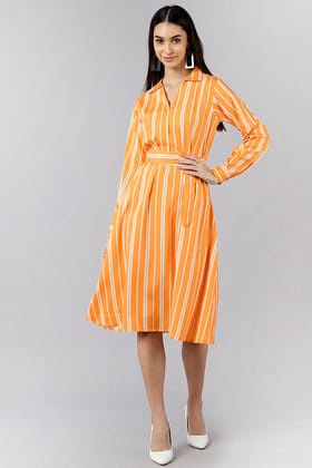 Orange Polyester Striped Midi Dress VD1161