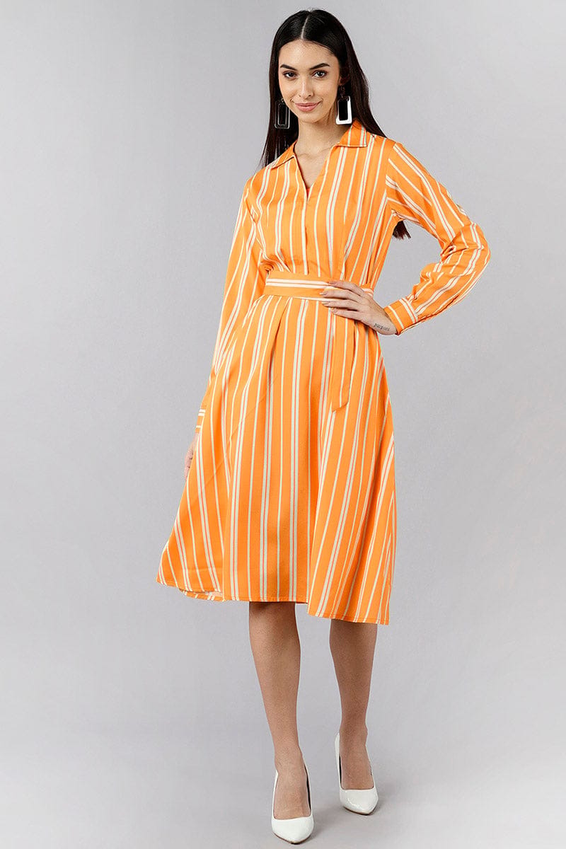 Orange Polyester Striped Midi Dress VD1161