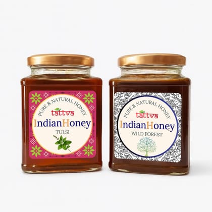 IndianHoney Wild Forest & Tulsi Honey Combo (Pack of 2) | Pure & Natural | 1kg (500g Each) | Unprocessed & Unfiltered Natural Sweetener