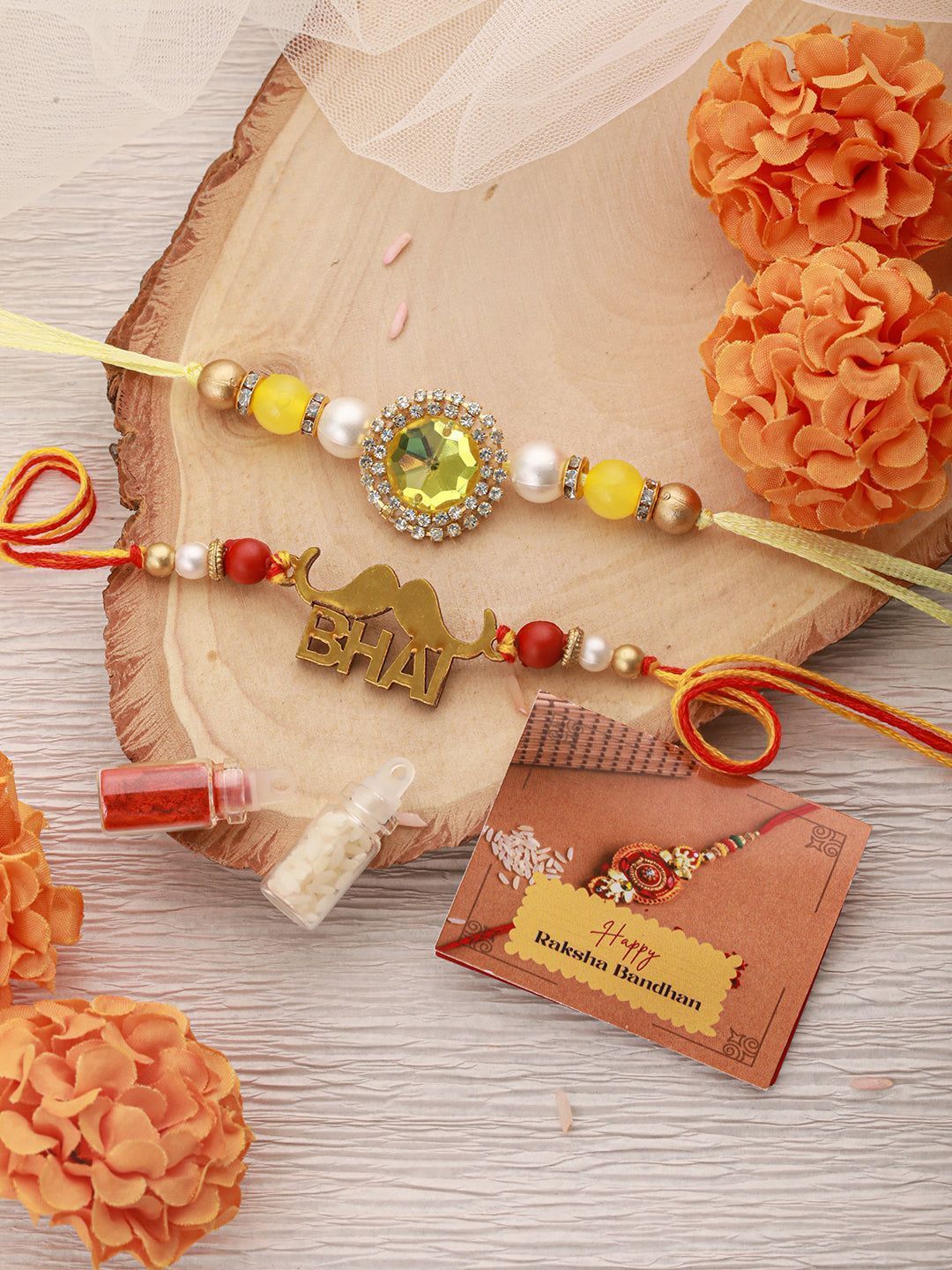 Set Of 2 Red Gold BHAI Thread Rakhi With Roli Chawal Pooja Plate