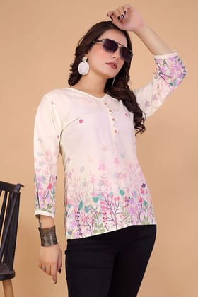 Women Off-White Floral Print Regular Fit Polysilk Tunic with 3/4 Sleeves