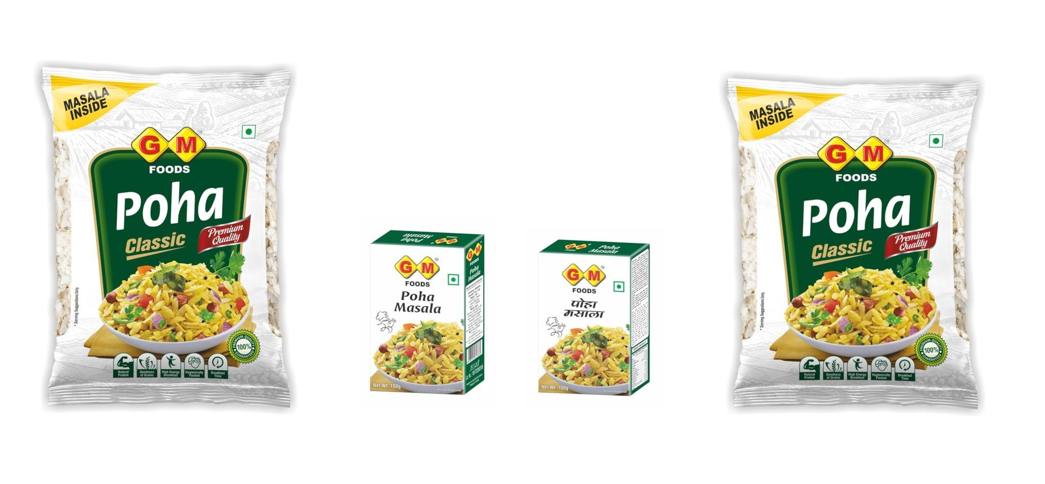 GM Foods Plain Poha 500g & Poha Masala100g (Pack of 2 Each) | Source of Fibre & Protein | White Thick Poha Healthy Food | Flattened with Rice/Atukulu | No MSG, Artificial Colors & Preservatives