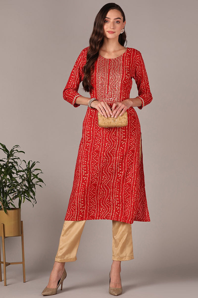 Plus Size Red Viscose Rayon Bandhani Embroidered Straight Kurta VCK9624