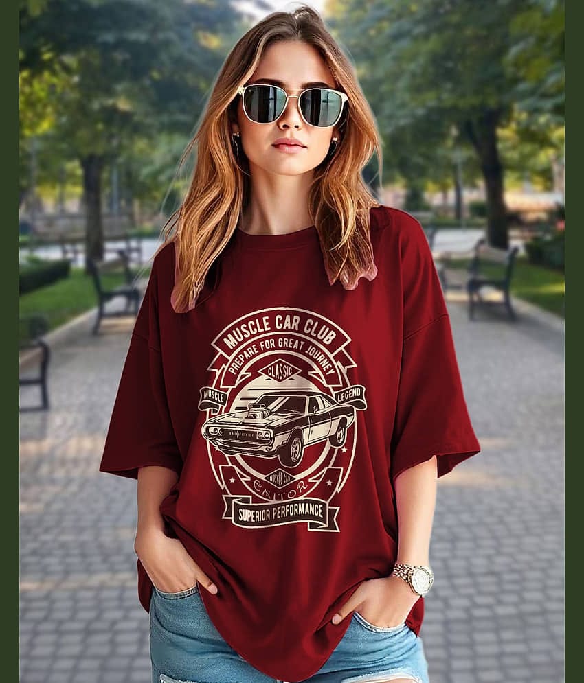 AUSK Women Cotton Blend Printed Oversized Fit Round Neck T-Shirt ( Maroon )