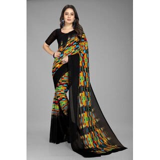 Black Colour Pure Georgette Printed Saree With Blouse Piece