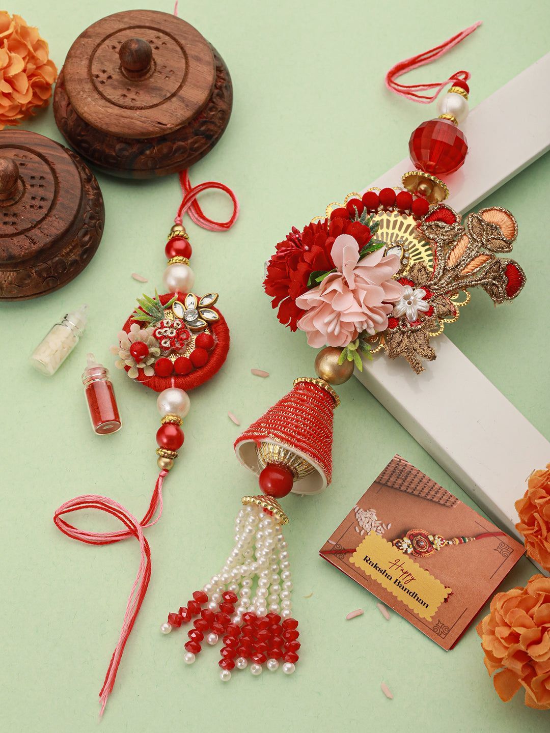 Set of 2 Designer Red  Kundan Zardozi  Handcrafted Lumba Rakhi Set With Roli Chawal For Bhai & Bhabhi