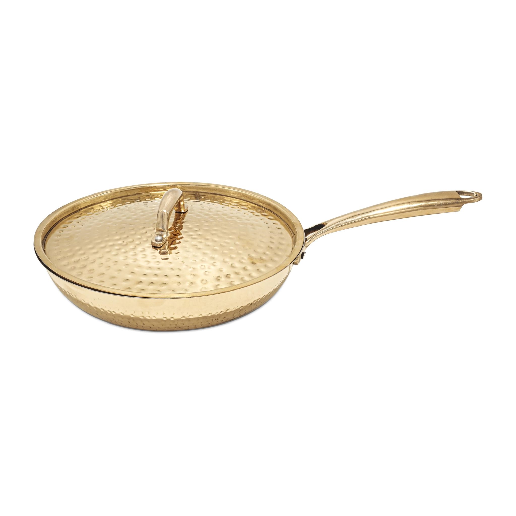 Artarium Premium Brass Non Stick Frying Pan Pital Hammered Peetal Serving Pan with Heat Resistant Handle & Lid Ideal for Cooking Cookware with Ayurvedic Health Benefits (1.2 Litre)