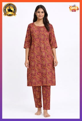 Women Deep Rani Floral Printed Cotton Straight Kurti with Pant | Round Neck 3/4 Sleeve Casual Ethnic Kurta Set Women Deep Rani Floral Printed Cotton Straight Kurti with Pant | Round Neck 3/4 Sleeve Casual Ethnic Kurta Set
