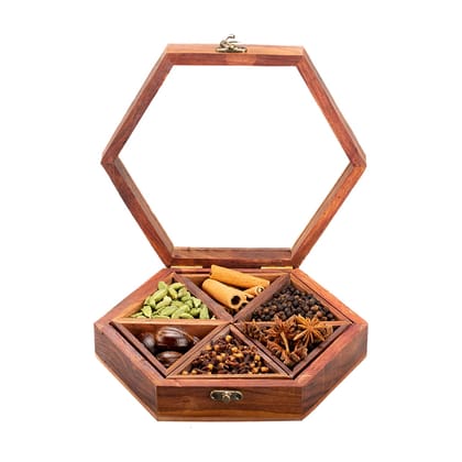 Kerala Spices Wooden Masala Box For Kitchen Spice Box Container 6 in 1 Masala Dabbab Spices Gift Hamper Kerala Spices Wooden Masala Box For Kitchen Spice Box Container 6 in 1 Masala Dabbab Spices Gift Hamper