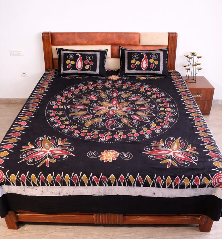 Handcrafted Batik Print Cotton Double Bed Sheet with Two Pillow Covers