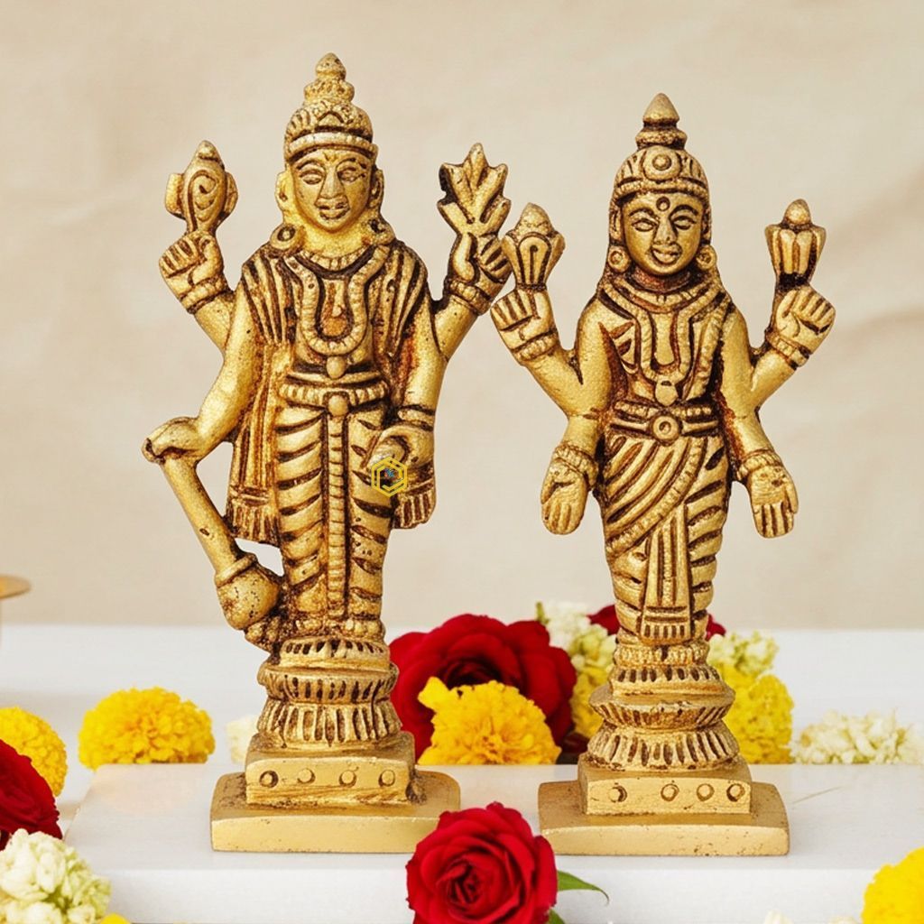 Brass Vishnu & Laxmi Ji Idol Pair � Divine God Statue Set, Height : 2.5 Inch (BSMAS1459)