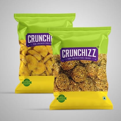 CRUNCHIZZ Authentic Kerala Style Jaggery Coated Banana Chips & Sesame Chikki White Combo I Traditional South Indian Recipe I No Artificial Additives I Perfect Munchy Bites I Pack of Two I 150 Grams Each I Total 300 Grams