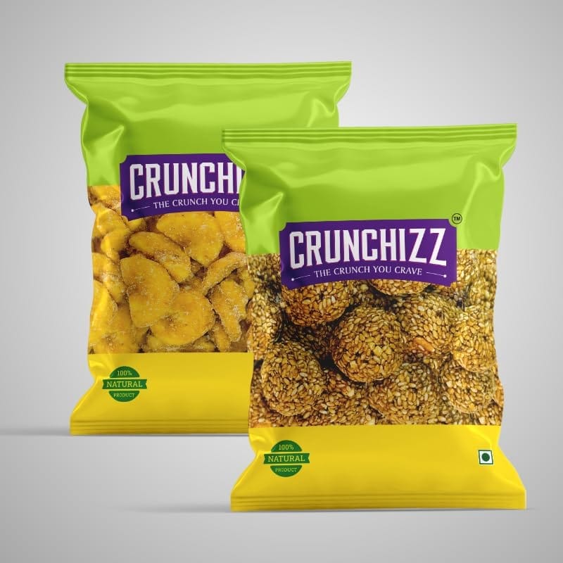 CRUNCHIZZ Authentic Kerala Style Jaggery Coated Banana Chips & Sesame Chikki White Combo I Traditional South Indian Recipe I No Artificial Additives I Perfect Munchy Bites I Pack of Two I 150 Grams Each I Total 300 Grams