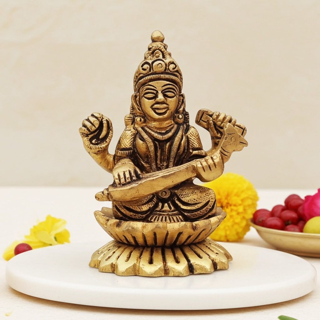 Brass Saraswati Ji God Idol - Polished Decorative Murti, Height : 3 Inch (BSMAS1480 S)